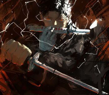 1boy bandaged_hand bandages black_hair colorized commentary electricity highres hokazono_takeru holding holding_sword holding_weapon kagurabachi looking_at_viewer male_focus orange_eyes rokuhira_chihiro short_hair solo sword vicfaust weapon