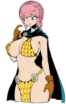 1girl armor bikini_armor breasts cape cowboy_shot gladiator gloves greyscale large_breasts lineart monochrome one_piece pelvic_curtain rebecca_(one_piece) solo spacezin sweatdrop thick_thighs thighs white_background