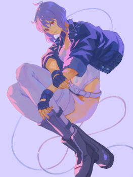 1girl absurdres black_jacket boots cable full_body ghost_in_the_shell highres jacket kusanagi_motoko leotard looking_at_viewer medium_hair naritate_zombie purple_background purple_eyes solo thighhighs white_leotard white_thighhighs