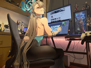 1girl absurdres animal_ears armpit_crease artoria_pendragon_(fate) asuna_(blue_archive) asuna_(bunny)_(blue_archive) ayanami_rei azur_lane backless_leotard black_pantyhose blonde_hair blue_archive blue_eyes blue_halo blue_leotard breasts cable chair character_request chinese_commentary computer computer_tower curtains desk doodle_sensei_(blue_archive) dragon_ball dragonball_z drawing_tablet eva_01 evangelion:_3.0_you_can_(not)_redo fake_animal_ears fate/stay_night fate_(series) figure from_side gloves grin hair_ribbon halo highleg highleg_leotard highres holding holding_stylus large_breasts le_malin_(azur_lane) le_malin_(listless_lapin)_(azur_lane) leotard long_hair looking_at_viewer mecha_pilot_suit monitor neon_genesis_evangelion office_chair official_alternate_costume otaku otaku_room pantyhose photo_background playboy_bunny plugsuit_(evangelion) rabbit_ears rabbit_tail rebuild_of_evangelion revision ribbon saber_alter sensei_(blue_archive) shelf sitting smile solo son_goku stylus super_saiyan swivel_chair tail thighs ultra_series ultraman_tiga ultraman_tiga_(multi_type) ultraman_tiga_(series) uthspsk very_long_hair white_gloves xbox_controller