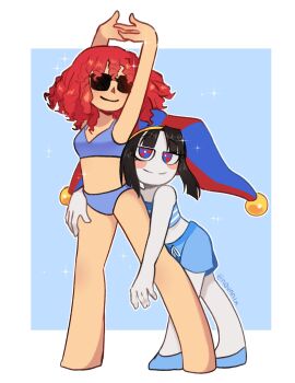 2girls armpits artist_name bandeau bare_shoulders bikini black_hair blue_background blue_bandeau blue_eyes blue_hat blue_shoes blue_shorts blunt_bangs blunt_ends blush_stickers bob_cut border breasts bright_pupils closed_mouth colored_skin commentary curly_hair drawstring english_commentary eyelashes full_body hand_on_another&#039;s_hip hat height_difference highres interlocked_fingers jester_cap jitome leaning_forward leaning_on_person legs_apart midriff multicolored_eyes multiple_girls n0vanix outline outside_border pom_pom_(clothes) pomni_(the_amazing_digital_circus) purple_bikini ragatha_(the_amazing_digital_circus) raised_eyebrows rectangular_eyewear red_eyes red_hair red_hat ringlets shoes short_hair shorts side-by-side signature simple_background small_breasts smile sparkle standing strapless stretching striped_bandeau sunglasses swimsuit the_amazing_digital_circus triangle_nose tube_top twitter_username two-tone_bandeau two-tone_eyes two-tone_hat wavy_hair white_bandeau white_border white_outline white_pupils white_skin