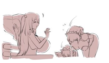 3girls apologizing black_wyrm_(last_origin) bowing braid breasts dress floating floating_object flying_sweatdrops huge_breasts large_breasts last_origin maid_headdress mogijabgo multiple_girls salacia_(last_origin) sepia side_ponytail simple_background sketch aged_down