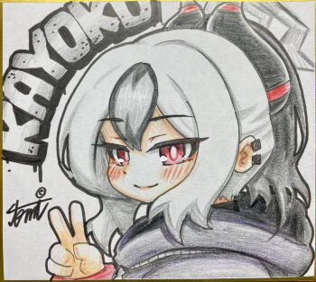 1girl absurdres black_hair blue_archive commentary_request halo highres hood horns kayoko_(blue_archive) looking_at_viewer multicolored_hair red_eyes shikishi smile solo tomimon traditional_media v