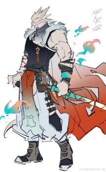 12f_(arknights) 1boy absurdres arknights black_shirt cape chinese_commentary closed_mouth colored_sclera commentary_request dmsjji12 doodle_inset fire fur-trimmed_shirt fur_trim furry furry_male highres holding holding_sword holding_weapon loincloth looking_to_the_side male_focus pants reptile_boy shirt sketch sleeveless sleeveless_shirt sword watermark weapon weibo_watermark white_background white_pants yellow_sclera