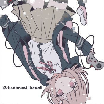 1girl artist_name black_thighhighs brown_hair brown_skirt controller danganronpa_(series) danganronpa_2:_goodbye_despair game_controller hair_ornament holding holding_controller holding_game_controller komanami_kawaii miniskirt nanami_chiaki neck_ribbon pink_eyes pink_ribbon pleated_skirt ribbon shirt_tucked_in shoes simple_background skirt thighhighs upside-down white_background zettai_ryouiki