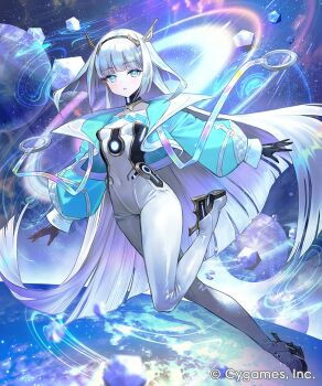 1girl black_gloves blue_jacket bodysuit breasts commentary_request covered_navel eudie_(shadowverse) gloves high_heels highres jacket long_hair long_sleeves looking_at_viewer official_art one_eye_closed open_clothes open_jacket open_mouth shadowverse shadowverse:_worlds_beyond small_breasts solo very_long_hair white_bodysuit white_hair