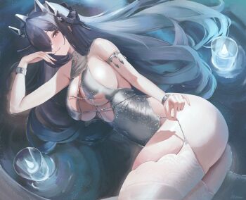 1girl armlet august_von_parseval_(azur_lane) august_von_parseval_(night_rendezvous_with_the_unhulde)_(azur_lane) azur_lane bare_shoulders black_thighhighs blue_eyes blue_hair bracelet breasts candle cleavage commentary covered_navel cup curled_horns dress hair_between_eyes hair_over_one_eye hair_spread_out hand_up highres hiuww horns jewelry large_breasts light_particles long_hair looking_at_viewer lying mechanical_horns official_alternate_costume on_back on_side parted_lips sideboob silver_armlet silver_dress silver_jewelry smile solo strap_pull thighhighs very_long_hair water white_thighhighs