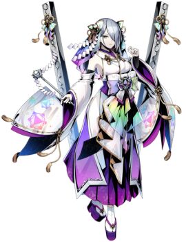 1girl artist_request breasts closed_mouth commentary_request duel_masters duel_masters_play&#039;s expressionless eyewear_on_head full_body geta gohei grey_hair hair_ornament hair_over_one_eye holding holding_gohei japanese_clothes looking_at_viewer miko official_art platform_clogs rainbow_gradient sandals simple_background skirt solo transparent_background veil weapon weapon_on_back wedding_(duel_masters) yellow_eyes