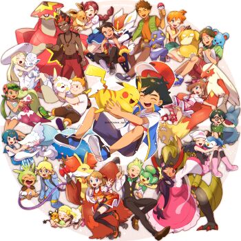 6+boys 6+girls :d ;d absurdres ahoge alolan_form alolan_vulpix artist_name ash_ketchum belt black_hair blaziken blonde_hair blue_eyes blue_hair bonnie_(pokemon) boots bow bowtie braid braided_ponytail brock_(pokemon) brown_eyes chespin child chitozen_(pri_zen) chloe_(pokemon) cilan_(pokemon) cinderace clemont_(pokemon) closed_eyes commentary_request croagunk dark-skinned_female dark-skinned_male dark_skin dawn_(pokemon) dedenne delphox eevee english_text gen_1_pokemon gen_2_pokemon gen_3_pokemon gen_4_pokemon gen_5_pokemon gen_6_pokemon gen_7_pokemon gen_8_pokemon glasses goh_(pokemon) green_bow green_bowtie green_hair hair_between_eyes hair_bow hair_rings hairband happy haxorus highres holding hug index_finger_raised iris_(pokemon) jacket jewelry kiawe_(pokemon) lana_(pokemon) legendary_pokemon lillie_(pokemon) looking_at_another looking_at_viewer mallow_(pokemon) marill max_(pokemon) may_(pokemon) misty_(pokemon) multicolored_hair multiple_boys multiple_girls munchlax necklace nintendo one_eye_closed open_clothes open_jacket open_mouth orange_hair pansage pants pikachu pink_boots pink_skirt piplup poke_ball poke_ball_(basic) pokemon pokemon_(anime) pokemon_(classic_anime) pokemon_(creature) pokemon_bw_(anime) pokemon_dppt_(anime) pokemon_journeys pokemon_rse_(anime) pokemon_sm_(anime) pokemon_xy_(anime) primarina psyduck red_hair serena_(pokemon) shirt shoes short_sleeves skirt smile sophocles_(pokemon) tail teeth thank_you togedemaru topless_male tracey_sketchit tsareena turtonator upper_teeth_only white_background wide_sleeves zygarde zygarde_core