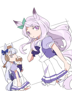 2girls animal_ears beer_hsk blue_bow bow brown_hat cropped_legs ear_bow ear_covers ear_ribbon eating food gold_ship_(umamusume) green_ribbon grey_hair hand_up hat holding holding_food horse_ears horse_girl horse_tail long_hair mejiro_mcqueen_(umamusume) mini_hat multiple_girls parted_lips pleated_skirt puffy_short_sleeves puffy_sleeves purple_bow purple_eyes purple_hair purple_shirt ribbon school_uniform shirt short_sleeves skirt swept_bangs tail thick_eyebrows thighhighs tracen_school_uniform umamusume very_long_hair white_background white_skirt white_thighhighs