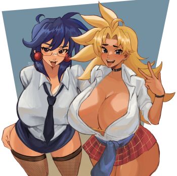 2girls animal_collar artist_logo black_collar black_necktie blonde_hair blue_eyes blue_hair blush breasts brown_thighhighs checkered_clothes checkered_skirt cleavage collar commentary dark-skinned_female dark_skin ear_piercing earrings emily_botta energy_kyouka!! english_commentary gyaru highres huge_breasts jewelry logo long_hair looking_at_viewer multiple_girls naughty_face necktie open_mouth piercing red_eyes red_skirt school_uniform shiraishi_kyouka shirt skirt smile sphere_earrings teeth thighhighs tongue tongue_out upper_teeth_only v white_shirt