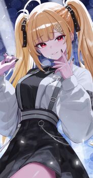 1girl absurdres ahoge black_nails black_skirt blonde_hair commentary cowboy_shot grin hair_belt hair_ornament hairclip hands_up high-waist_skirt highres jingburger long_hair long_sleeves looking_at_viewer nail_polish pleated_skirt puffy_long_sleeves puffy_sleeves red_eyes sei_(0724sei6) shirt skirt smile solo twintails virtual_youtuber waktaverse white_shirt