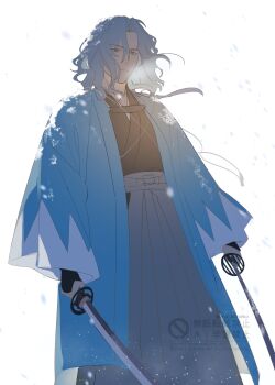 Rule 34 | 1boy, absurdres, aqua haori, black kimono, dual wielding, fate/grand order, fate (series), grey hair, grey hakama, hakama, haori, highres, holding, japanese clothes, katana, kimono, ma koneko, saitou hajime (fate), saitou hajime (third ascension) (fate), snow, snowing, solo, sword, tasuki, unsheathed, watermark, wavy hair, weapon, yellow eyes
