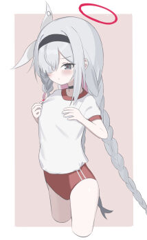 Rule 34 | 1girl, black hairband, blue archive, braid, choker, colored inner hair, commentary request, hair over one eye, hairband, halo, highres, long hair, multicolored hair, pink hair, plana (blue archive), red halo, si shirono, simple background, solo, white hair