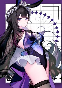 1girl adapted_costume animal_ears black_hair breasts bubble collarbone colored_inner_hair commentary_request frills gradient_hair grid_background hair_ornament highres honkai:_star_rail honkai_(series) hysilens_(honkai:_star_rail) jewelry leotard long_hair medium_breasts multicolored_hair necklace parted_lips purple_eyes rabbit_ears ribs see-through_clothes shizakiya shrug_(clothing) thighhighs thighs very_long_hair