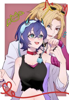 1boy 1girl belle_(zenless_zone_zero) belt_collar black_tank_top blonde_hair blue_hair collar crossed_bangs eyewear_on_head fake_horns green_eyes hairband heterochromia horn_hairband horns hugo_vlad jacket jewelry looking_at_another mole mole_under_eye multiple_rings official_alternate_costume red_collar ring smile sunglasses susu_310 tank_top upper_body white_jacket zenless_zone_zero