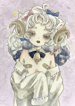 1girl acrylic_paint_(medium) animal_ears bandages bare_shoulders bell blush bow coat commentary_request covered_erect_nipples curly_hair expressionless hair_bow hair_ribbon highres holding horns karintoun long_hair looking_at_viewer off-shoulder_coat off_shoulder open_mouth original painting_(medium) pastel_colors ribbon signature simple_background straight-on traditional_media upper_body watercolor_(medium) wavy_hair white_hair