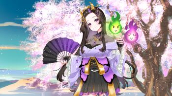 Rule 34 | 1girl, absurdres, black bodystocking, black gloves, black hair, black skirt, blush, breasts, cherry blossoms, cherry tree, closed mouth, commission, cowboy shot, fake horns, falling petals, fingerless gloves, folding fan, frilled sleeves, frills, gloves, gold necklace, hair ornament, hakama, hakama short skirt, hakama skirt, hanaki yuno, hand fan, head tilt, highres, holding, holding fan, horns, japanese clothes, jewelry, kanzashi, kimono, large breasts, lingmu, looking at viewer, lying, mielune, miniskirt, multicolored hair, necklace, nihongami, official alternate costume, on stomach, outdoors, petals, purple eyes, purple kimono, purple streaks, see-through cleavage, see-through clothes, sidelocks, skeb commission, skirt, smile, solo, streaked hair, underbust, virtual youtuber, wide sleeves