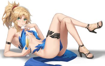 1girl alcohol bare_shoulders blonde_hair blue_dress blush braid breasts champagne champagne_flute crossed_legs cup dress drinking_glass fate/apocrypha fate_(series) green_eyes high_heel_sandals high_heels high_ponytail highres legs long_hair looking_at_viewer lying mordred_(fate) on_back parted_bangs ponytail sandals sidelocks small_breasts solo strappy_heels thighs tonee