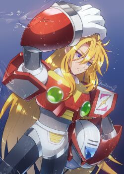 Rule 34 | 1boy, arm up, armor, blonde hair, blue eyes, chest jewel, clenched teeth, closed mouth, forehead jewel, hair between eyes, helmet, highres, holding, holding unworn helmet, long hair, mega man (series), mega man x (series), no-rishio, no headwear, red armor, red helmet, solo, teeth, unworn helmet, wet, wet hair, zero (mega man)