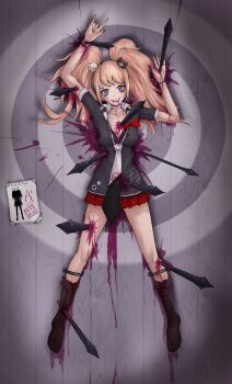 1girl absurdres black_shirt blonde_hair blood blood_from_mouth blood_on_clothes blood_on_wall blue_eyes breasts brown_footwear cleavage danganronpa:_trigger_happy_havoc danganronpa_(series) dress_shirt enoshima_junko facing_viewer guro highres impaled looking_at_viewer miniskirt necktie on_wall outstretched_arms paper pleated_skirt polearm red_skirt shirt short_twintails skirt sleeves_rolled_up spear target twintails user_gdng3234 weapon white_shirt