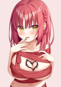 Rule 34 | 1girl, :p, \||/, blush, braid, breasts, candy, chocolate, chocolate heart, chocolate on body, chocolate on breasts, chocolate on hand, cleavage, closed mouth, collarbone, commentary, eyes visible through hair, finger to mouth, fingernails, food, food on body, food on hand, futamihara ririko, gyaoo yuzu soft, hair between eyes, hands up, heart, heart-shaped food, highres, huge breasts, limelight lemonade jam, looking at viewer, medium hair, naked ribbon, navel, pink background, red hair, red ribbon, ribbon, side braid, simple background, smile, solo, straight hair, tongue, tongue out, upper body, valentine, yellow eyes