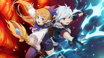 1boy 1girl anime_coloring armor armored_boots bell_cranel belt black_capelet black_gloves black_pants black_shirt black_shorts blue_bow blue_eyes blue_ribbon blue_thighhighs blunt_bangs boots bow breastplate breasts brown_belt capelet center_frills danmachi_battle_chronicle dungeon_ni_deai_wo_motomeru_no_wa_machigatteiru_darou_ka elf faulds fire frilled_shirt frills game_cg gloves hair_ribbon high_ponytail highres holding holding_knife holding_staff knife lefiya_viridis long_hair looking_at_viewer mage_staff magic medium_breasts non-web_source official_alternate_costume official_art open_mouth orange_hair pants pauldrons pointy_ears ponytail reaching red_eyes reverse_grip ribbon school_uniform serafuku shirt short_hair shorts shoulder_armor staff standing standing_on_one_leg thigh_belt thigh_strap thighhighs white_hair white_shirt