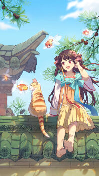 Rule 34 | 1girl, :d, absurdres, animal, architecture, barefoot, blue sky, bow, braid, brown hair, cat, chinese clothes, cloud, cloudy sky, day, dress, east asian architecture, feet, fish, flower, full body, goldfish, hair flower, hair ornament, hanfu, highres, kesayee, long hair, long sleeves, open mouth, original, outdoors, pine tree, pinecone, plant, qixiong ruqun, red eyes, ribbon, shuangyaji, sitting, sky, smile, soles, solo, toes, tree