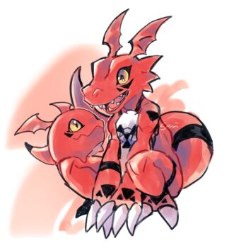 Rule 34 | claws, colored skin, digimon, digimon (creature), gigimon, guilmon, looking at another, no humans, orange eyes, red skin, seri (akntse), squatting, tail