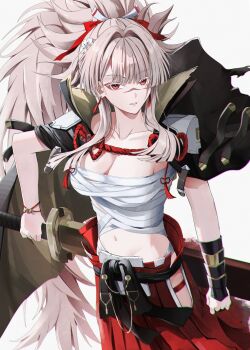 1girl black_jacket breasts chest_sarashi cleavage collarbone commentary_request cowboy_shot flower grey_hair hair_flower hair_intakes hair_ornament hakama hakama_skirt highres hiyuki_(wuthering_waves) holding holding_sword holding_weapon jacket jacket_on_shoulders japanese_clothes large_breasts long_hair looking_at_viewer navel no_shirt official_alternate_costume parted_lips red_eyes red_hakama rin0_(gujrv) sarashi scar scar_on_face skirt solo sword weapon white_flower wuthering_waves