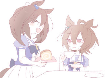 Rule 34 | 2girls, :d, ^ ^, agnes tachyon (umamusume), ahoge, animal ears, beer hsk, black bow, bow, breasts, brown hair, cake, closed eyes, commentary request, cup, food, hair between eyes, hair bobbles, hair ornament, hishi akebono (umamusume), holding, holding cup, holding saucer, horse ears, horse girl, horse tail, medium breasts, multiple girls, open mouth, pleated skirt, puffy short sleeves, puffy sleeves, purple shirt, red eyes, saucer, school uniform, shirt, short sleeves, simple background, skirt, smile, swiss roll, tail, tracen school uniform, twintails, umamusume, white background, white skirt