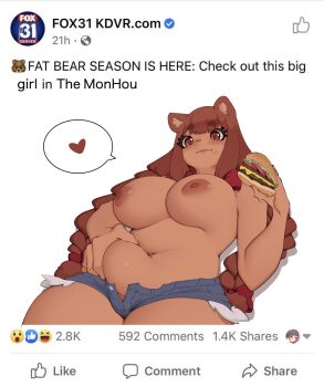 1girl arrow_(symbol) bear bear_girl beau_(luxu) belly_grab breasts brown_eyes brown_hair burger checkmark closed_mouth commentary cowboy_shot emoji english_commentary english_text food food_on_face fox_news heart highres holding holding_burger holding_food large_breasts logo long_hair luxu navel nipples original plump sesame_seeds short_shorts shorts solo speech_bubble spoken_heart thick_eyebrows thick_thighs thighs thumbs_up twintails watermark web_address