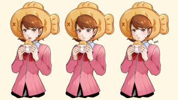 1girl artist_name black_skirt blush bow bowtie brown_eyes brown_hair cardigan cheek_bulge choker closed_mouth collared_shirt commentary da-cart dress_shirt earrings eating fish_hat flipped_hair food gekkoukan_high_school_uniform hat heart heart_choker highres holding holding_food jewelry lips long_sleeves looking_at_viewer miniskirt multiple_views open_mouth persona persona_3 pink_cardigan pink_lips pleated_skirt puffy_cheeks red_bow red_bowtie ribbed_cardigan school_uniform sequential shirt short_hair skirt solo_focus stud_earrings symbol-only_commentary taiyaki takeba_yukari upper_body wagashi white_choker white_shirt yellow_background