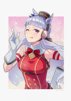 animal_ears blunt_bangs bow bowtie breasts brown_hat dress ear_bow ear_covers ear_ribbon followers_favorite_challenge gloves gold_ship_(red_strife)_(umamusume) gold_ship_(umamusume) grey_hair hat highres horse_ears horse_girl horse_tail horseshoe_ornament long_hair looking_at_viewer multiple_drawing_challenge pillbox_hat purple_bow quro914803 red_dress sailor_collar sailor_shirt shirt smile solo tail umamusume