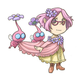 1girl alternate_costume black_eyes blue_eyes boots brittany_(pikmin) brown_footwear center_frills closed_mouth clothes_lift colored_skin commentary_request cross-laced_footwear dress eyelashes flower flying frilled_dress frills full_body glasses hair_flower hair_ornament happy high_heel_boots high_heels insect_wings layered_dress lifting_another&#039;s_clothes long_dress long_sleeves looking_at_viewer naru_(wish_field) nintendo no_mouth off-shoulder_dress off_shoulder pikmin_(creature) pikmin_(series) pink-framed_eyewear pink_dress pink_hair pink_skin pointy_nose purple_flower short_hair simple_background smile solid_circle_eyes standing train_(clothing) triangular_eyewear white_background winged_pikmin wings yellow_dress