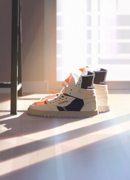 Rule 34 | absurdres, apartment, commentary, highres, indoors, no humans, object focus, original, realistic, shadow, shoes, sneakers, still life, white shoes, window, yoshiki (yuki)
