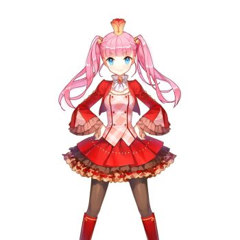 Rule 34 | 1girl, akane garnet, aqua eyes, blunt bangs, boots, brown pantyhose, choker, crown, dress, frilled choker, frilled dress, frilled sleeves, frills, hair ornament, hands on own hips, long hair, mini crown, pantyhose, pink hair, red boots, red dress, salt (salty), star (symbol), star hair ornament, twintails, uchi no hime-sama ga ichiban kawaii