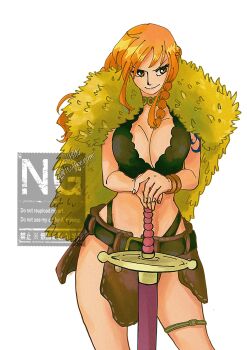 1girl belt belt_buckle bracelet braid braided_sidelock breasts brown_loincloth buckle cape cleavage closed_mouth commentary cowboy_shot crop_top english_commentary fur_cape gold_choker hand_on_hilt highleg highleg_panties highres itstheenami jewelry large_breasts long_hair midriff nami_(one_piece) nami_(one_piece)_(elbaf) official_alternate_costume official_alternate_hairstyle one_piece orange_eyes orange_hair panties planted planted_sword planted_weapon shoulder_tattoo solo straight-on sword tattoo thigh_strap underwear weapon white_background yellow_cape
