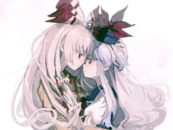 Rule 34 | 2girls, blue dress, blue hair, blue hat, bow, brown shirt, closed mouth, dress, fujiwara no mokou, grey hair, hair bow, hand on another's chest, hand on another's head, hand up, hat, hat ornament, highres, imminent kiss, juliet sleeves, kamishirasawa keine, long hair, long sleeves, multicolored hair, multiple girls, open mouth, pinafore dress, puffy short sleeves, puffy sleeves, red eyes, sailor collar, seiryo0425, shirt, short sleeves, simple background, sleeveless, sleeveless dress, suspenders, touhou, two-tone hair, upper body, white background, white bow, white shirt, yuri