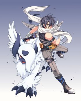 1boy absol absurdres bandaged_arm bandages belt_pouch black_hair black_shirt blue_background boots commentary denim dual_wielding eiyuu_densetsu english_commentary floating_scarf full_body gen_3_pokemon gradient_background hair_between_eyes hair_over_one_eye highres holding holding_sword holding_weapon jeans joshua_bright looking_at_viewer nintendo pants parted_bangs pokemon pokemon_(creature) pouch scarf shirt short_hair sleeveless sleeveless_shirt sora_no_kiseki swept_bangs sword tachi-e weapon white_scarf yellow_eyes yuzukiyo