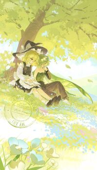 2girls apron artist_name back_bow baggy_pants bare_shoulders barefoot black_hat black_shoes black_skirt black_vest blonde_hair blue_flower blue_sky book bow branch brown_pants brown_ribbon buttons cape closed_mouth cloud cloudy_sky collarbone commentary_request crossed_bangs day floating_cape flower frills full_body grass green_cape green_hair hair_between_eyes hat hat_bow highres holding holding_book holding_leaf jill_07km kirisame_marisa leaf leaf_clothing looking_at_viewer mountain multiple_girls open_book original outdoors pants puffy_short_sleeves puffy_sleeves purple_flower ribbon shirt shoes short_hair short_sleeves sitting skirt skirt_set sky smile socks touhou tree turtleneck turtleneck_shirt vest waist_apron watermark white_apron white_bow white_flower white_shirt white_socks witch_hat yellow_eyes yellow_flower