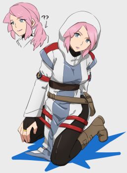 1girl badge belt black_pants blue_eyes blue_trim boots breasts bridal_gauntlets brown_boots cloak elida_(pokemon) female_focus full_body grey_background hood hood_up hooded_cloak kneeling long_sleeves looking_at_viewer low_ponytail medium_breasts multiple_views nintendo o0o pants parted_bangs parted_lips pelvic_curtain pink_hair pink_lips pokemon pokemon_ranger_(series) ponytail pouch profile red_trim second-party_source simple_background smile tight_clothes tight_pants white_cloak