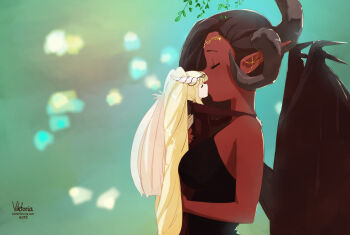 2018 2girls black_dress black_hair black_wings blonde_hair blurry blurry_background breasts circlet closed_eyes colored_skin dress green_background horns kiss little_viktoria long_hair medium_breasts multiple_girls original red_skin size_difference upper_body very_long_hair white_wings wings yuri