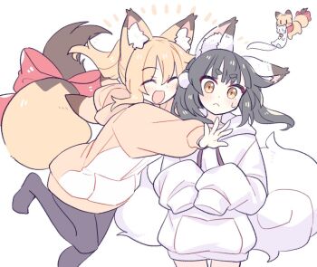 Rule 34 | 2girls, ^ ^, animal ear fluff, animal ear hood, animal ears, animalization, black hair, black pantyhose, blonde hair, bow, closed eyes, double-parted bangs, facing viewer, fake animal ears, fox ears, fox girl, fox tail, frown, glomp, hood, hoodie, hug, long hair, multiple girls, open mouth, orange hoodie, original, pantyhose, person and animalization, ponytail, red bow, running, simple background, sleeves past fingers, sleeves past wrists, smile, suzuno (suzuno3110), sweatdrop, tail, tail bow, tail ornament, thick eyebrows, two side up, white background, white hoodie, yellow eyes