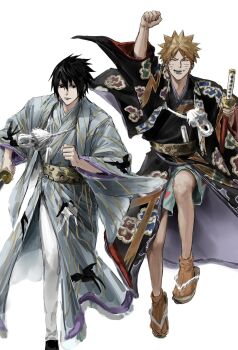 Rule 34 | 2boys, arm up, black hair, blonde hair, clenched hand, closed mouth, facial mark, highres, holding, holding weapon, japanese clothes, jumping, katana, male focus, multiple boys, naruto (series), running, sandals, short hair, simple background, smile, spiked hair, sso s, sword, uchiha sasuke, uzumaki naruto, weapon, whisker markings, white background