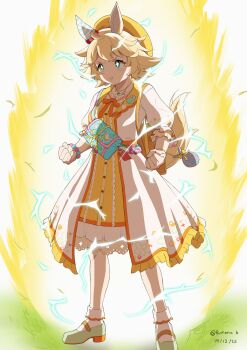 Rule 34 | + +, 1girl, absurdres, animal ears, aura, bag, bead bracelet, beads, beret, blonde hair, bow, bracelet, clenched hands, coat, dress, ear covers, electricity, four-leaf clover necklace, hair between eyes, hair ornament, hat, highres, horse ears, horse girl, horse tail, jewelry, long sleeves, matikanefukukitaru (lucky tidings) (umamusume), matikanefukukitaru (umamusume), official alternate costume, orange bow, ruinone, short hair, single ear cover, solo, super saiyan, super saiyan 1, tail, umamusume, white coat, yellow aura, yellow hat