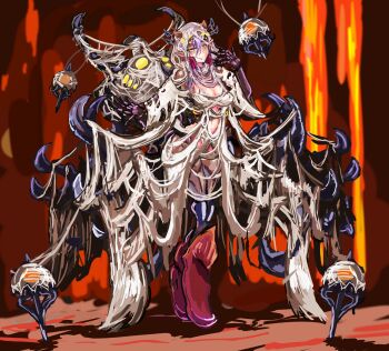 1girl arthropod_girl boots breasts dart full_body highres horns insect_girl looking_at_viewer monster monster_girl monster_hunter_(series) pink_hair pointy_ears rakna-kadaki silk solo spider_girl spider_web tentacles thighs udetamago wide_hips yellow_eyes