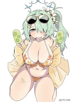 bikini blue_archive commentary_request drooling eyewear_on_head flower food fruit green_eyes green_hair hair_flower hair_ornament halo highres hiyori_(blue_archive) hiyori_(swimsuit)_(blue_archive) jacket kiwi_(fruit) kms2605 korean_commentary nervous_smile popsicle ribbon saliva side_ponytail smile swimsuit thighs yellow_jacket