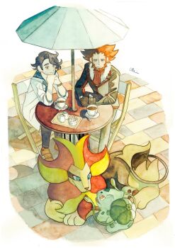2boys beard black_coat black_hair black_pants blue_eyes blue_shirt bracelet brown_shoes bulbasaur coat coffee cup elbows_on_table eye_contact facial_hair fur-trimmed_collar fur_trim gen_1_pokemon gen_6_pokemon highres jewelry looking_at_another lying lysandre_(pokemon) male_focus multiple_boys nintendo outdoors pants parted_hair plate pokemon pokemon_(creature) pokemon_xy professor_sycamore pyroar pyroar_(male) red_eyes red_hair red_scarf rikako_oki scarf shirt shoes sitting stone_floor table umbrella white_coat