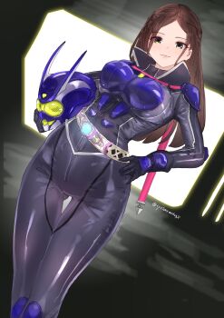 1girl absurdres armor black_bow blue_armor blue_helmet blurry blurry_background boobplate bow breastplate breasts brown_hair commentary cycloneactionx green_eyes hand_on_own_hip helmet highres holding holding_unworn_helmet kamen_rider kamen_rider_eins large_breasts long_hair mikazuki_nayuta solo standing tokusatsu unworn_headwear unworn_helmet